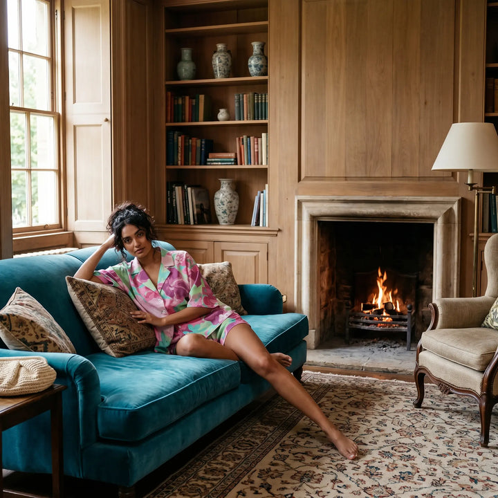 Woman relaxing on a teal sofa wearing a vibrant abstract floral print Aevoria loungewear set with a camp-collar shirt and shorts, in a cozy room setting with a fireplace.