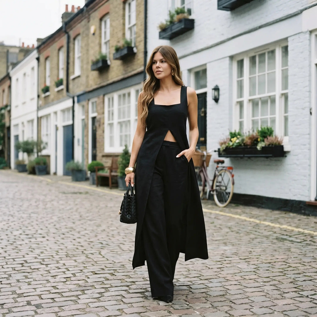 Woman walking on a cobblestone street wearing an elegant Arvyla black sleeveless maxi top with a square neckline and dramatic front split, paired with matching high-waisted wide-leg trousers.