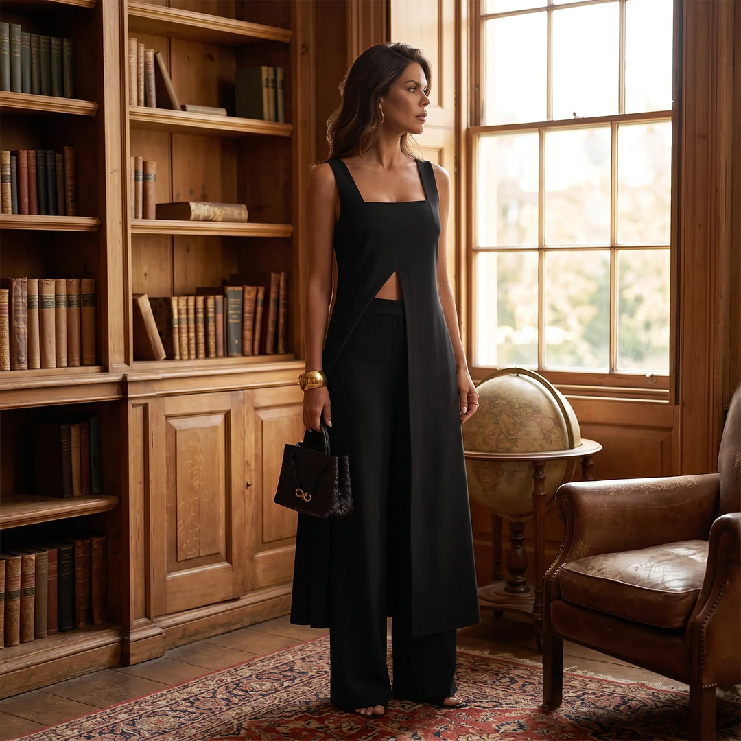 A woman models an elegant black sleeveless top with a dramatic front split and matching wide-leg trousers in a sophisticated library setting with bookshelves and a vintage globe. The refined ensemble emphasizes timeless grace and quiet luxury.