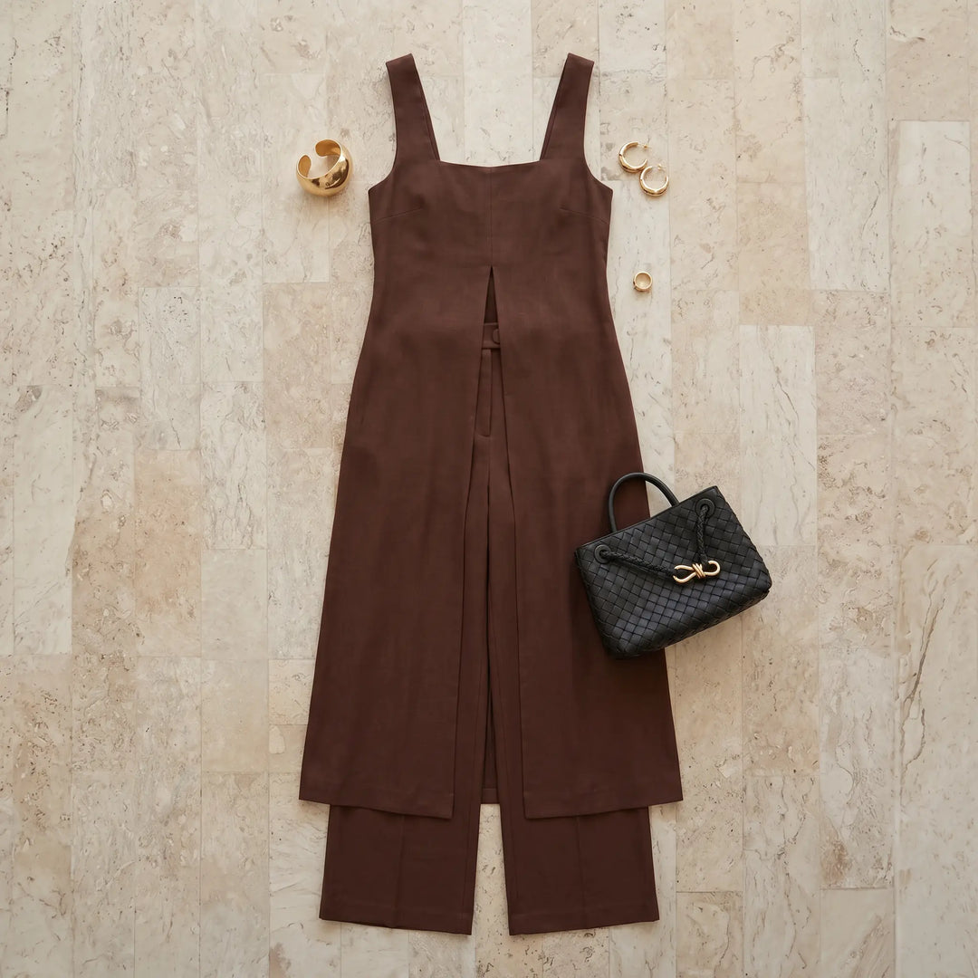 Arvyla dark chocolate brown linen blend wide-leg trouser set with sleeveless square-neck top, styled with a black woven handbag and gold jewelry.