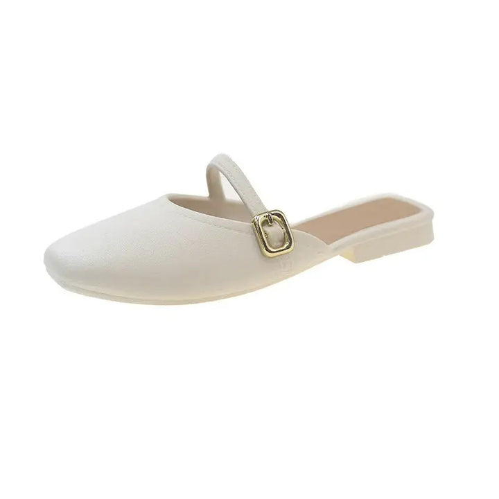 Azoria matte faux leather square-toe mule in soft ivory, featuring a slender strap with a polished gold-tone square buckle and a low 2.5cm block heel.
