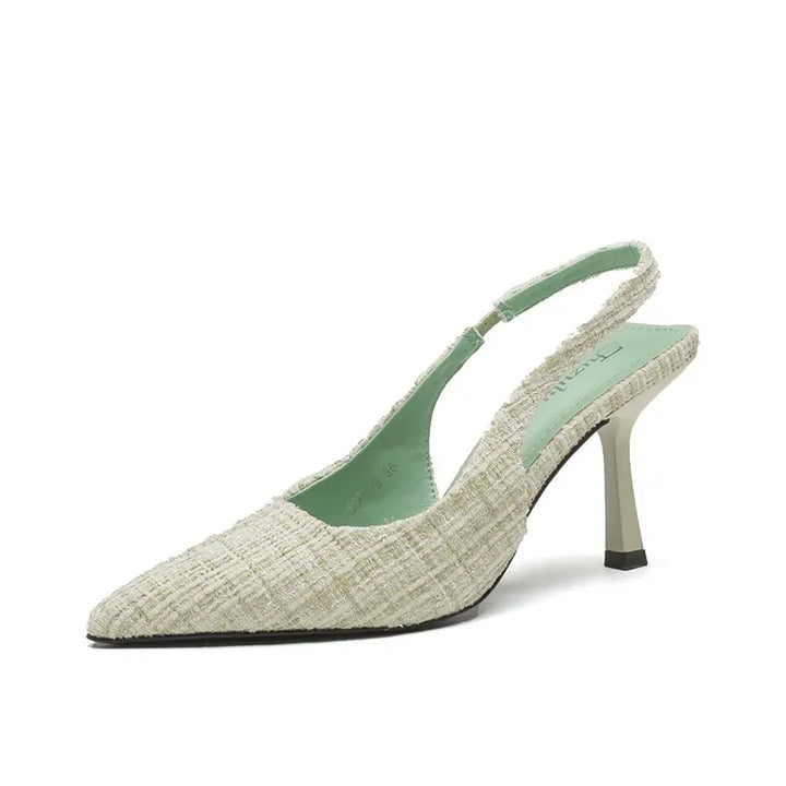 Chic pointed-toe slingback heels in textured beige tweed fabric, featuring a slender 7cm stiletto heel and adjustable buckle strap.