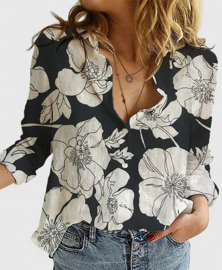 Linen V-Neck Button Blouse