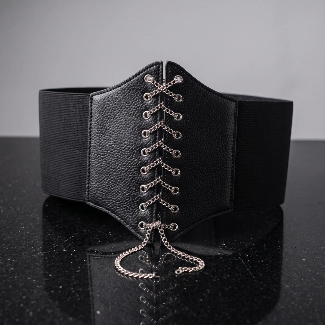 Wide black corset belt featuring a lace-up front with silver chains, eyelets, and delicate dangling butterfly charms, with elasticated side panels. Product displayed on a dark reflective surface.