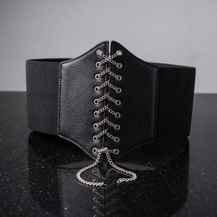 Wide black corset belt featuring a lace-up front with silver chains, eyelets, and delicate dangling butterfly charms, with elasticated side panels. Product displayed on a dark reflective surface.