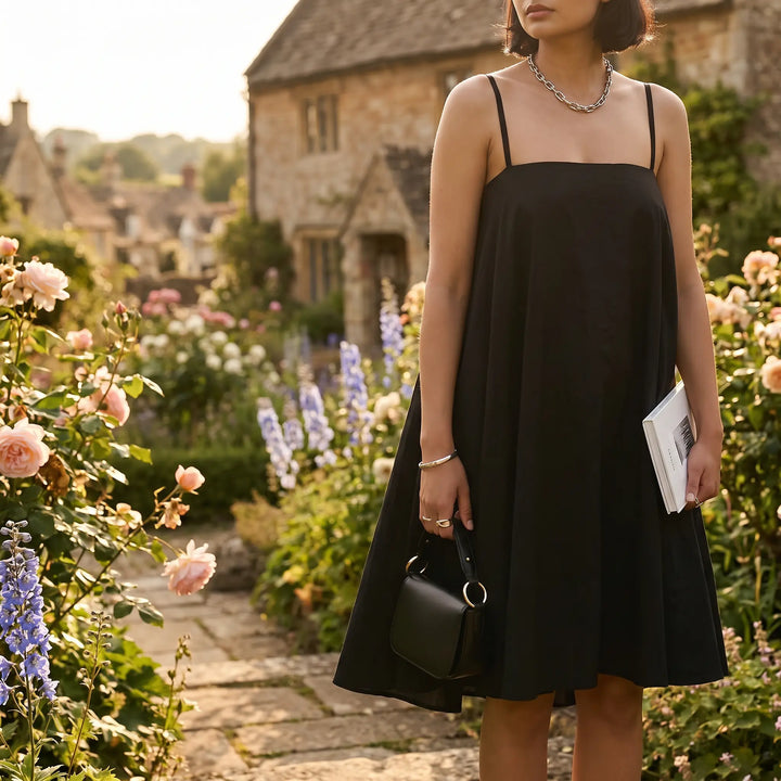 A woman walks through a blooming garden wearing a black cotton sling mini dress with a square neckline, styled with a handbag and jewelry.