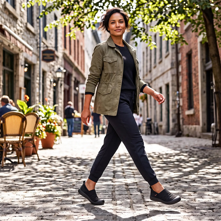Woman walking on a cobblestone street wearing black slip-on knit sneakers, black joggers, and a green utility jacket. The lifestyle image showcases the shoes in an urban, casual setting.