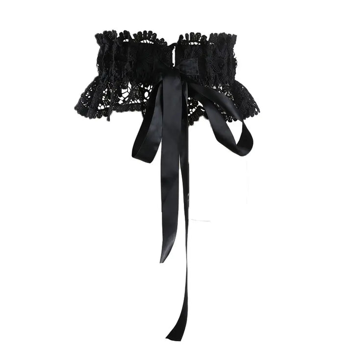 Black intricate floral lace cummerbund belt with wide satin ribbon ties, cinching the waist.