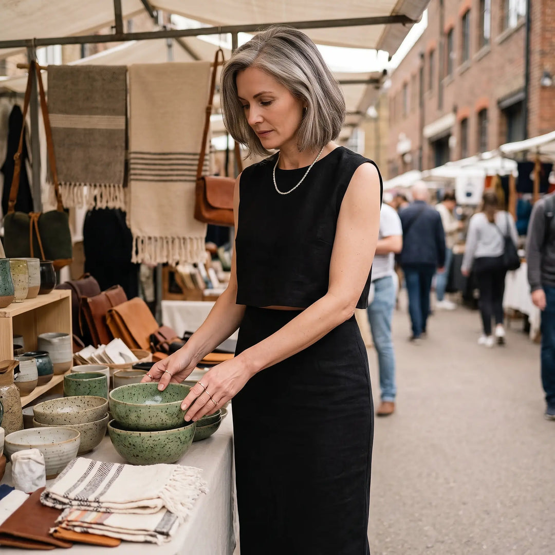 A woman with short grey hair wearing a black sleeveless crop top and a matching midi skirt browses items at an outdoor market stall, embodying chic summer style.