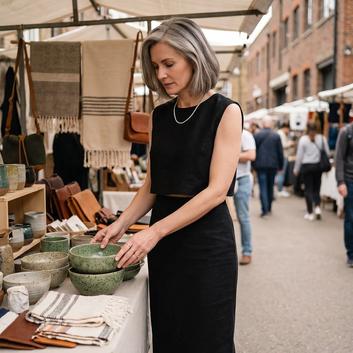 A woman with short grey hair wearing a black sleeveless crop top and a matching midi skirt browses items at an outdoor market stall, embodying chic summer style.