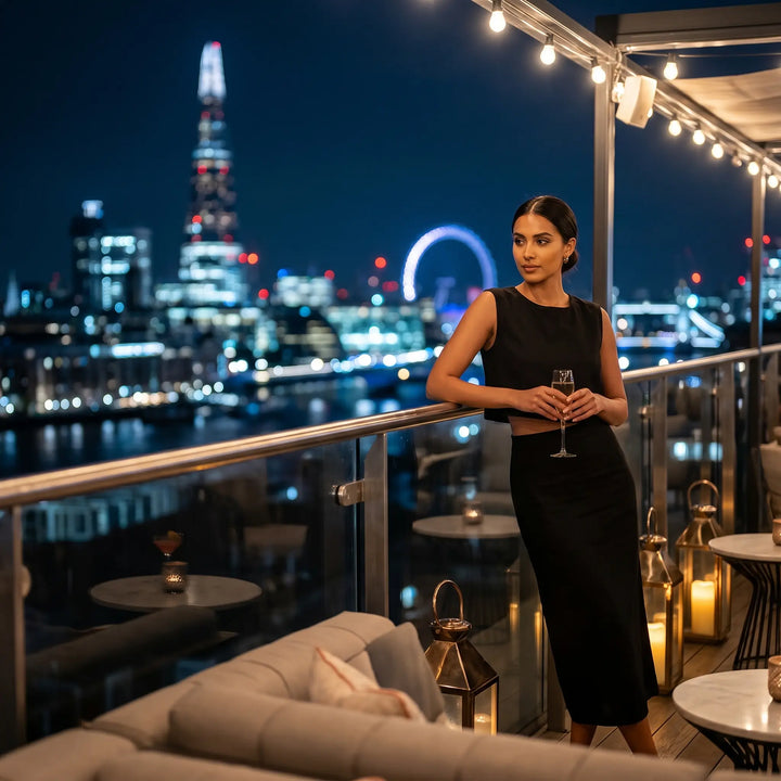 A woman in a black sleeveless crop top and fitted midi skirt set stands on a rooftop terrace at night, holding a champagne flute, with the London skyline in the background. This chic summer ensemble is perfect for evening events.