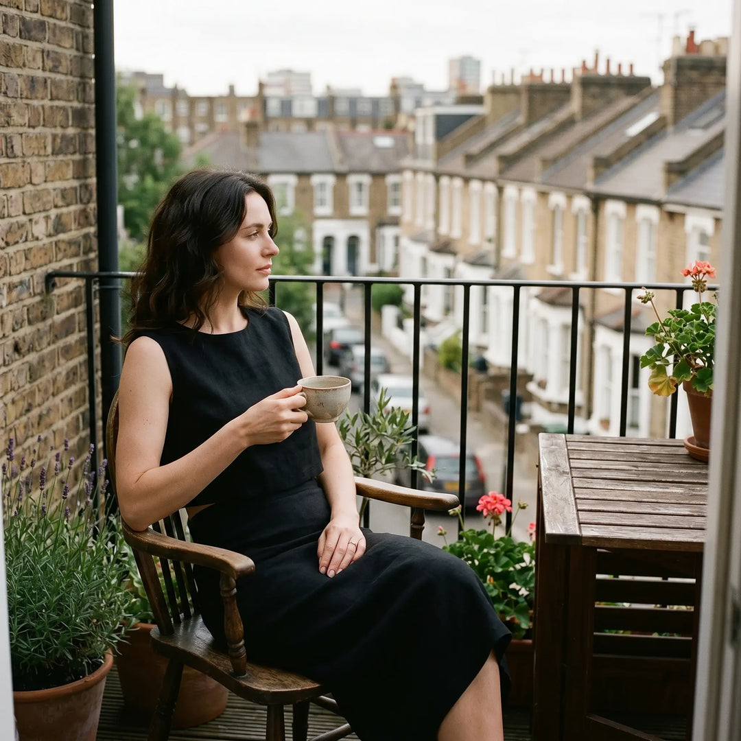 A woman wearing a black sleeveless linen-blend midi dress enjoys a morning coffee on a balcony, with a blurred urban landscape and potted plants in the background. The outfit features a refined, minimalist silhouette.