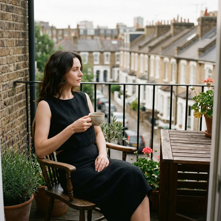 A woman wearing a black sleeveless linen-blend midi dress enjoys a morning coffee on a balcony, with a blurred urban landscape and potted plants in the background. The outfit features a refined, minimalist silhouette.