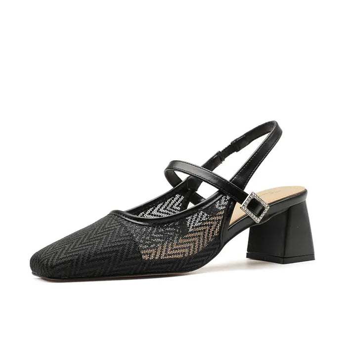 Black Xylia heeled slingback sandals with a square toe, woven mesh vamp, and a block heel featuring a silver buckle detail.