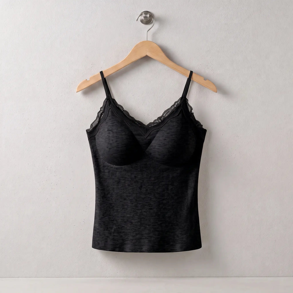 Xylos black silk blend thermal camisole with delicate lace trim and adjustable spaghetti straps, shown on a hanger.