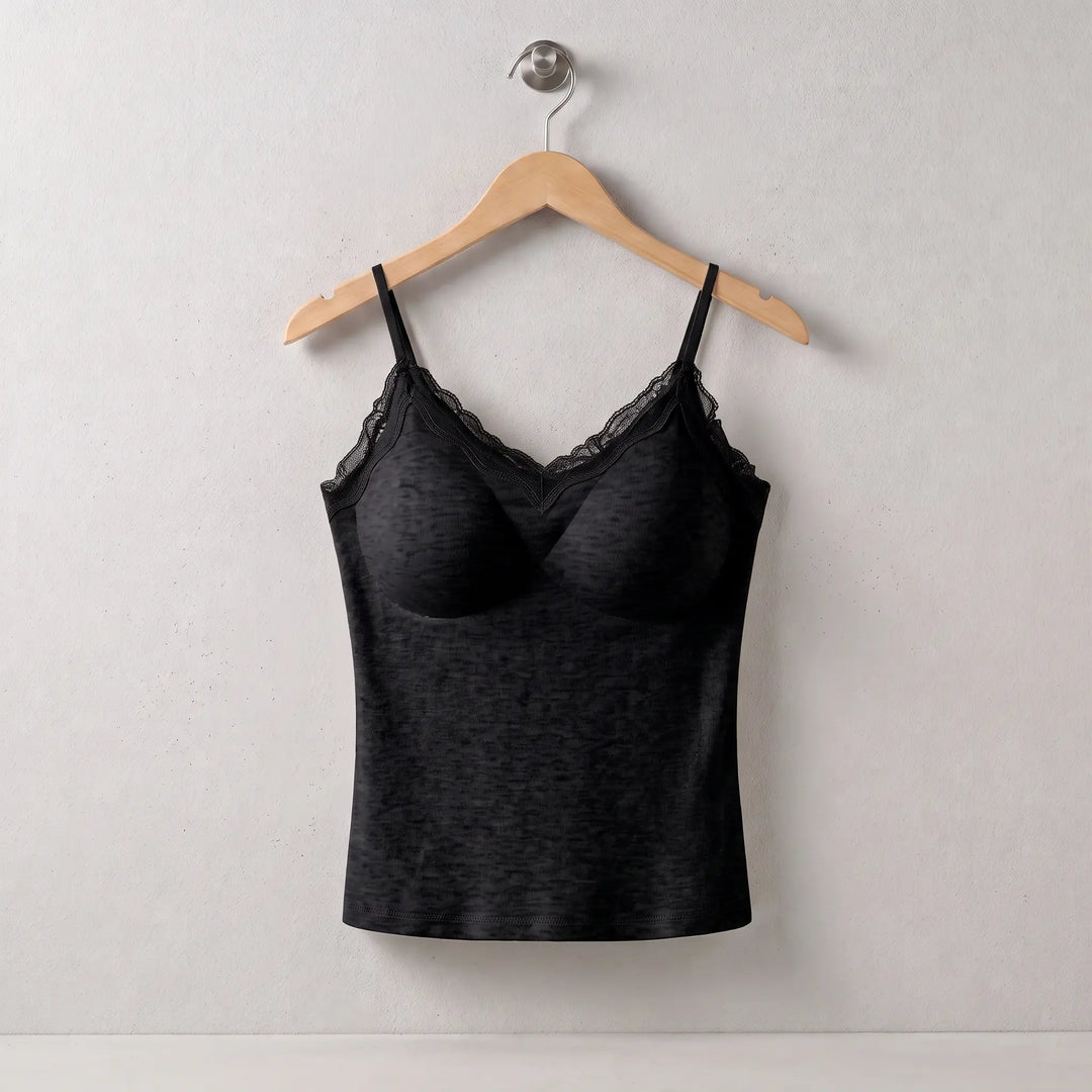 Xylos black silk blend thermal camisole with delicate lace trim and adjustable spaghetti straps, shown on a hanger.