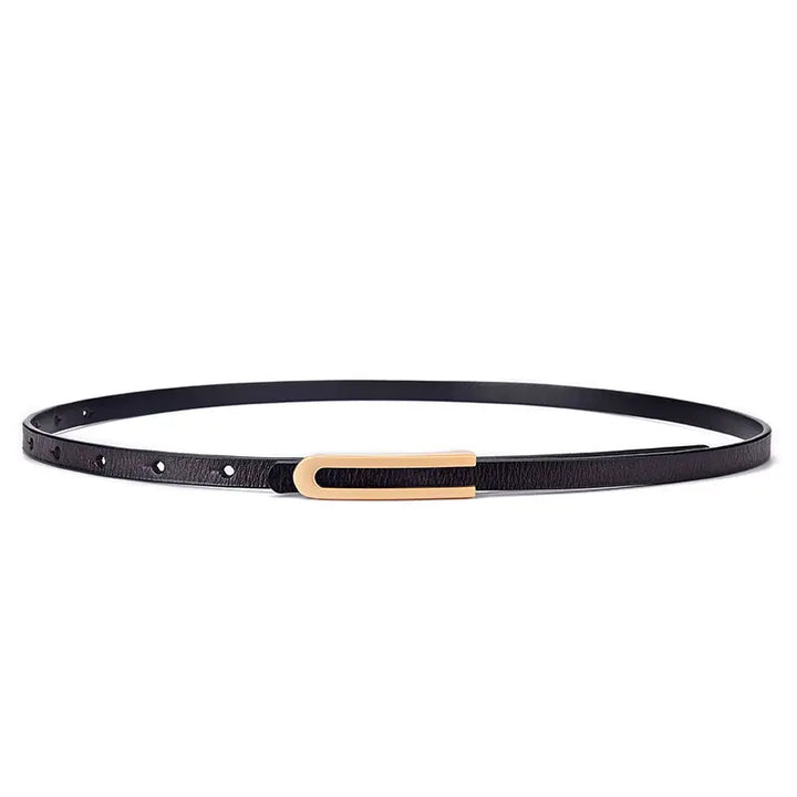 Black slim genuine leather belt with a polished gold-tone U-shaped buckle, shown flat lay.