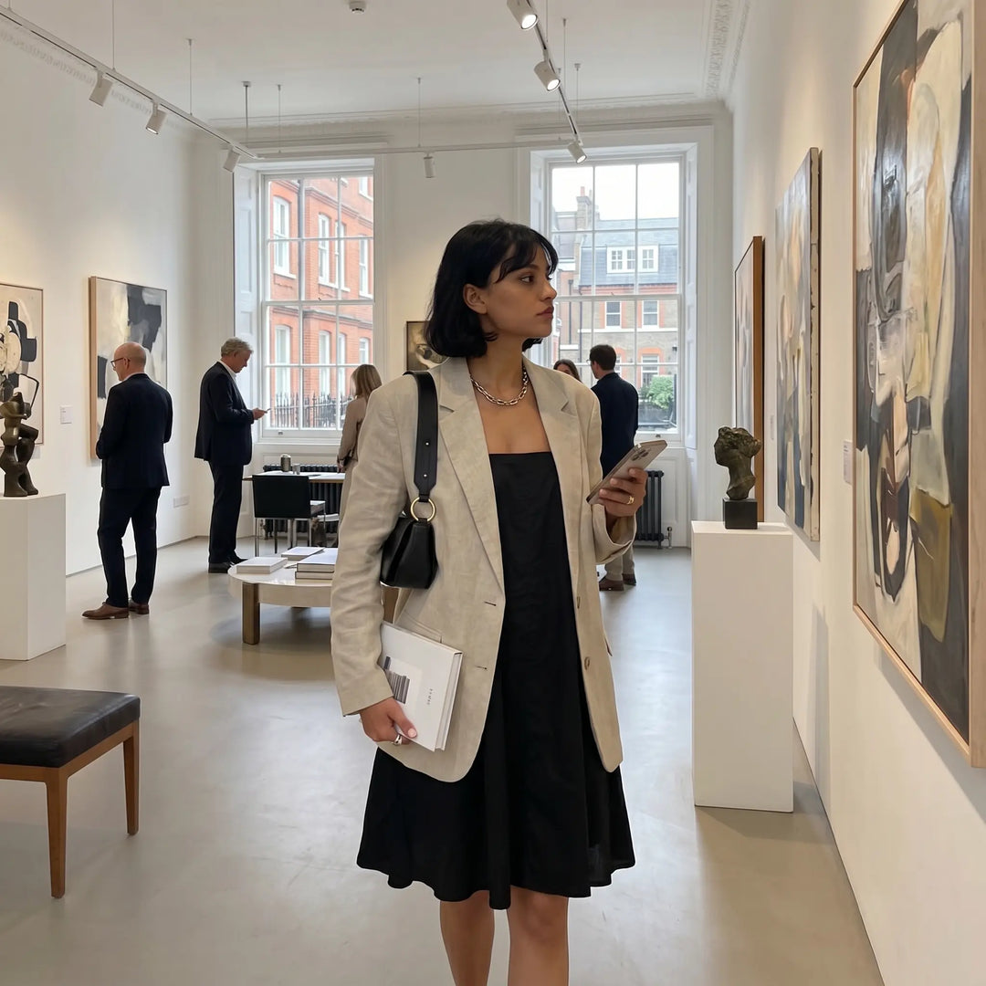 A woman in a black sling mini dress and beige blazer strolls through an art gallery, holding a phone and a book, showcasing sophisticated daywear.