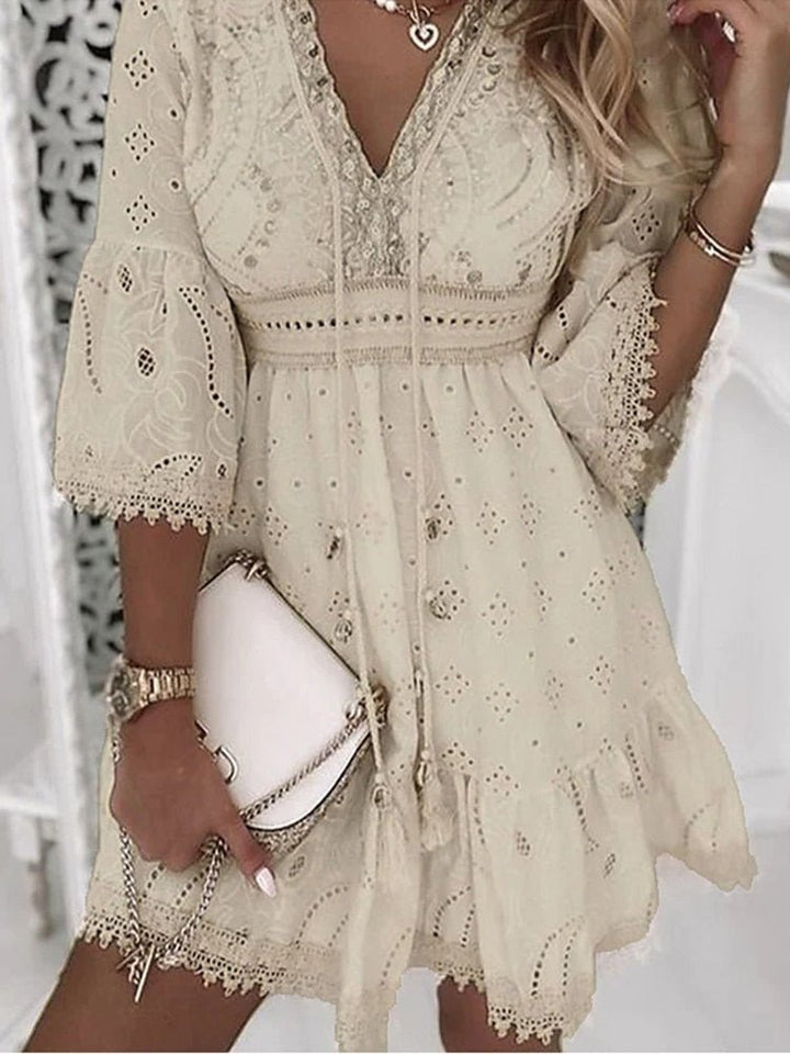 Boho Lace Mini Dress with Bell Sleeves