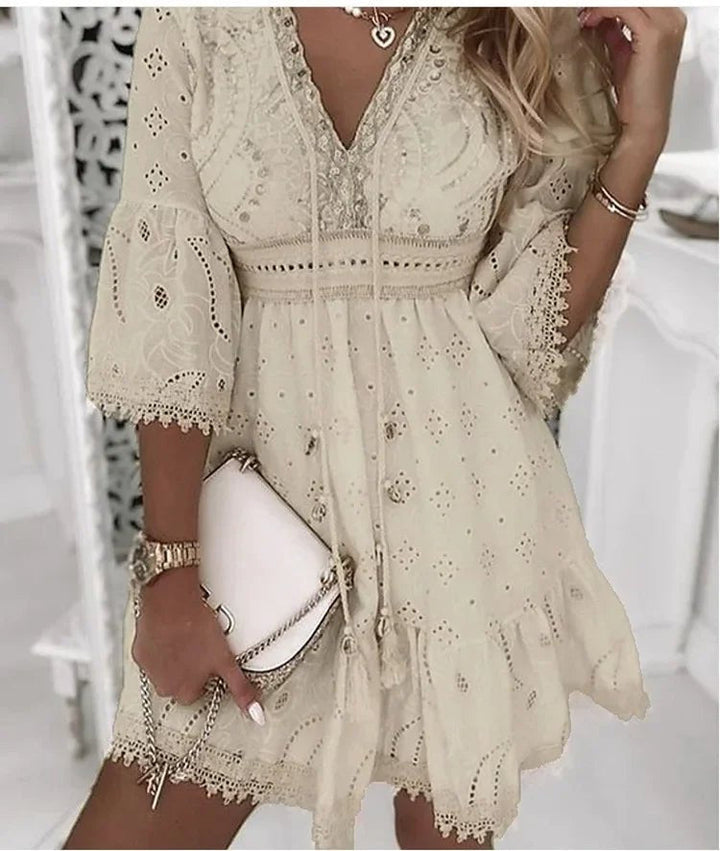 Boho Lace Mini Dress with Bell Sleeves