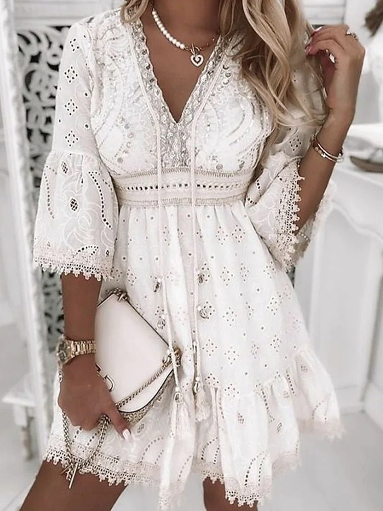 Boho Lace Mini Dress with Bell Sleeves