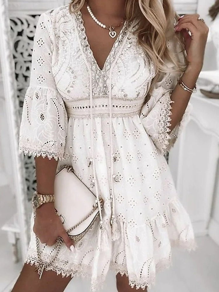 Boho Lace Mini Dress with Bell Sleeves