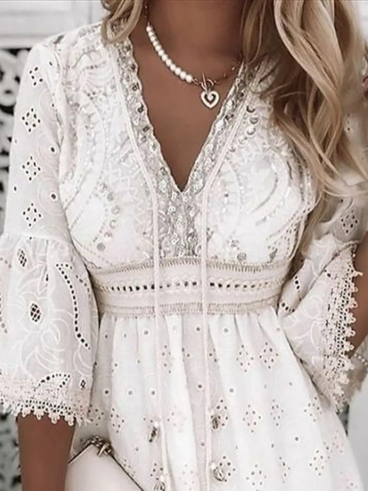 Boho Lace Mini Dress with Bell Sleeves