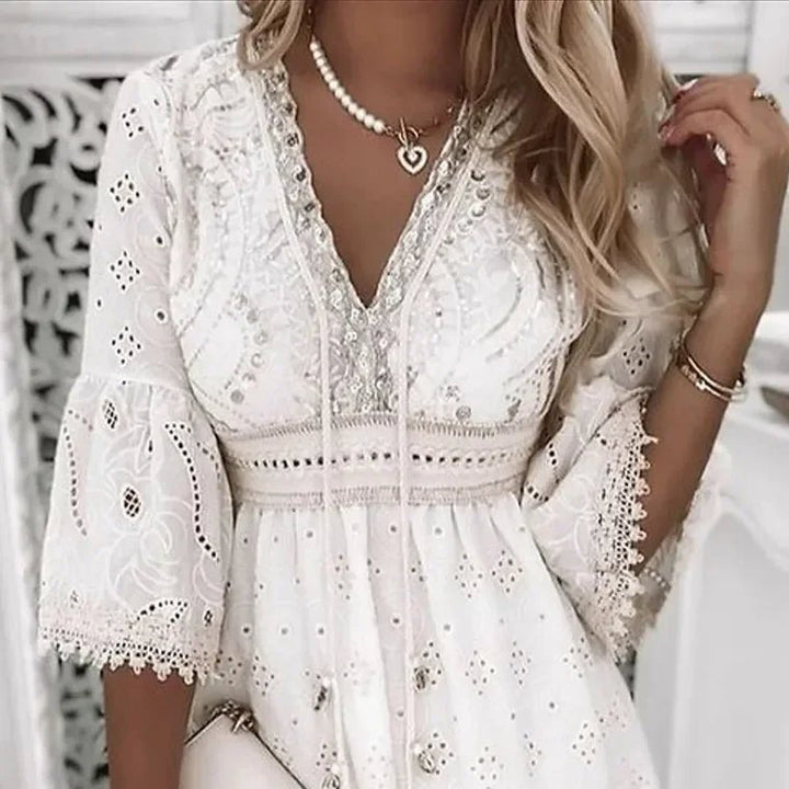 Boho Lace Mini Dress with Bell Sleeves