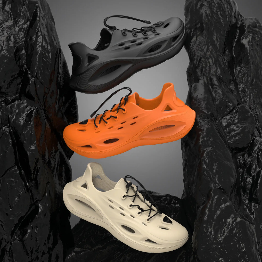 Three pairs of Brakko EVA athletic slides in black, signal orange, and tactical khaki, displayed in a layered composition on a dark textured background, showcasing multiple color options and key features like cushioning and grip.