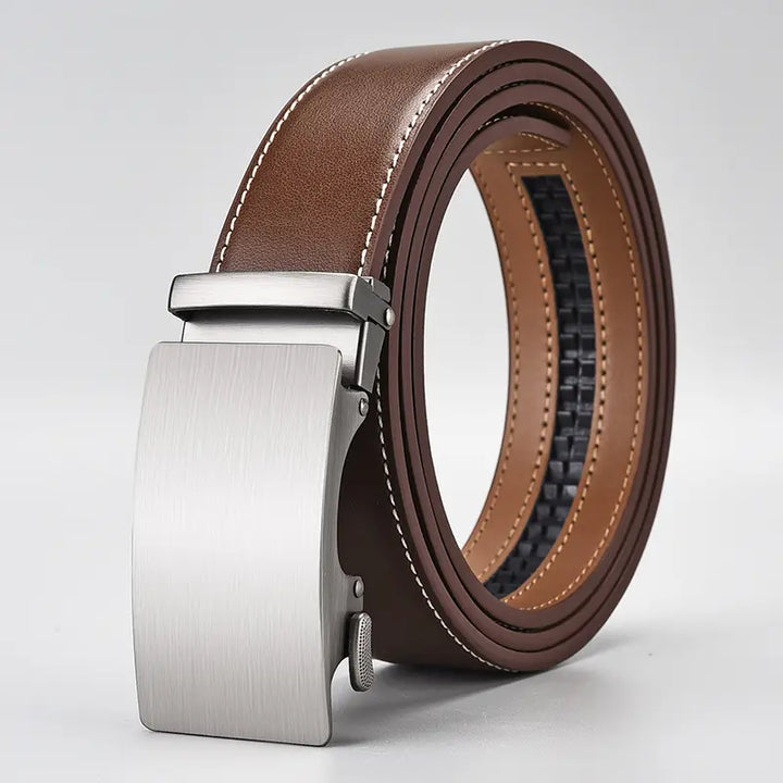 Brown genuine leather automatic belt with white contrast stitching and a brushed silver buckle, shown coiled on a clean white background.