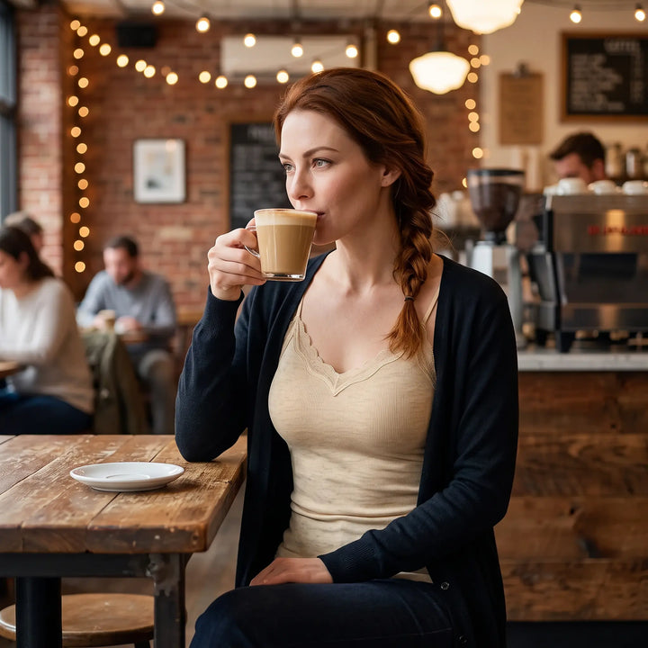 Woman with red hair in a braid drinks coffee at a cafe, wearing a champagne nude ribbed thermal camisole with delicate scalloped lace V-neck trim and a dark cardigan.