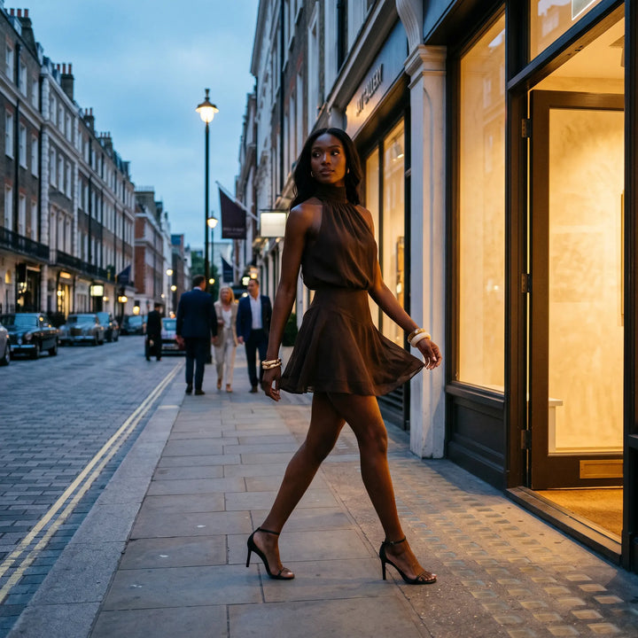 Model in a chocolate brown halter neck mini dress with pleated blouson bodice, wide waistband, and A-line skirt, walking on an urban street at dusk.