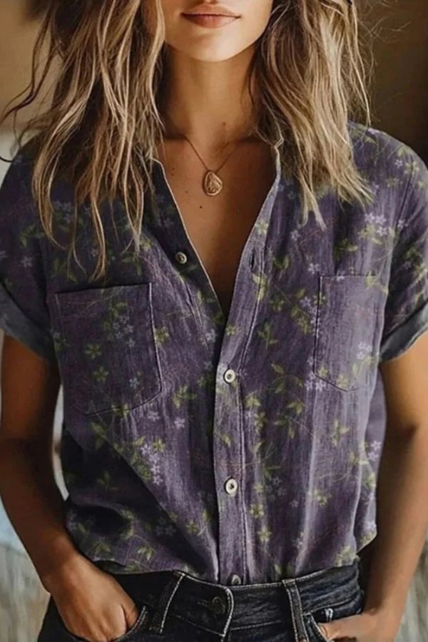 Cotton Floral Blouse with Lapel Collar