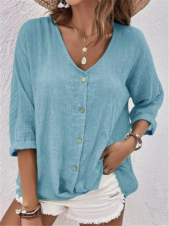 Cotton V-Neck Button-Front Blouse