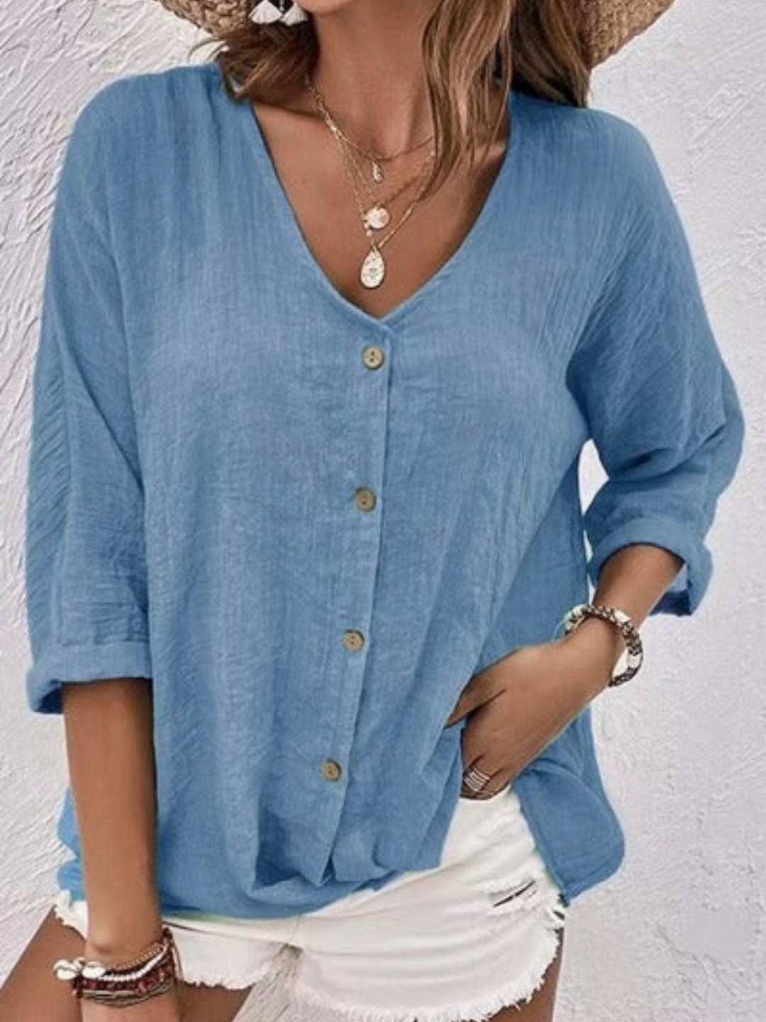 Cotton V-Neck Button-Front Blouse