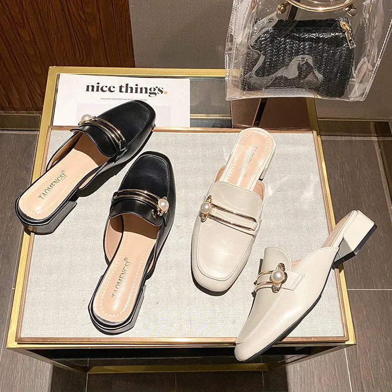 Kaelo - Pearl Detail Mules Square Toe Slip-Ons