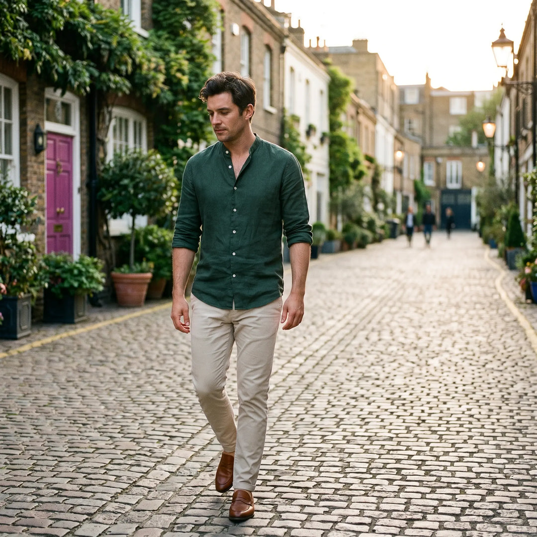 A man walks down a cobblestone street wearing a dark green mandarin collar linen blend shirt and beige chinos, showcasing a sophisticated casual urban style.