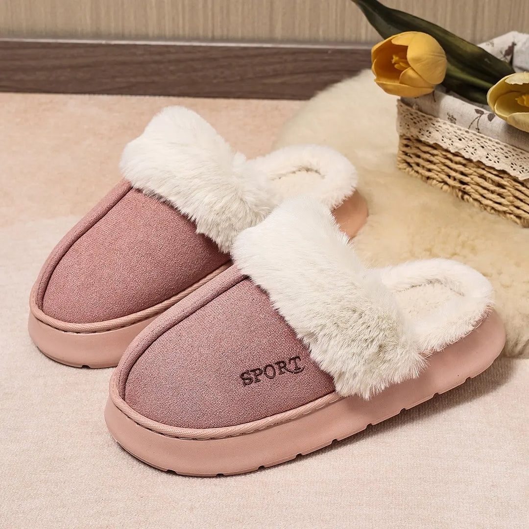 Plush faux fur lined mule slippers in dusty rose, featuring a suede-effect upper with subtle &
