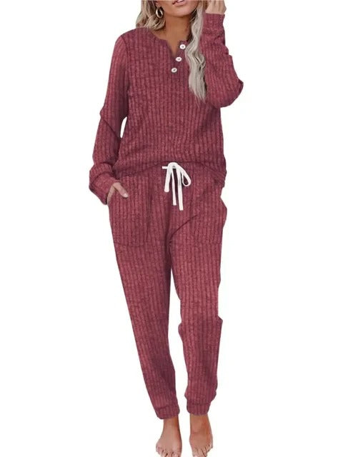 Ribbed Button-Neck Loungewear Set