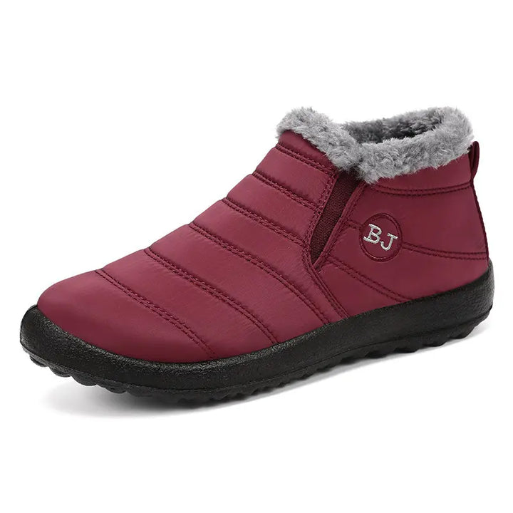 Faelan burgundy quilted waterproof winter ankle boot with plush faux fur lining, side elastic panels, and embroidered &