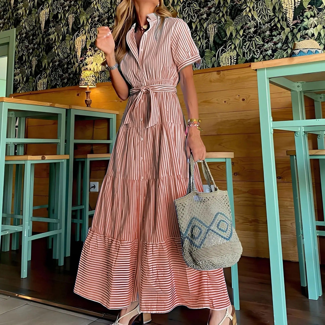 Striped Button-Down Tiered Maxi Dress