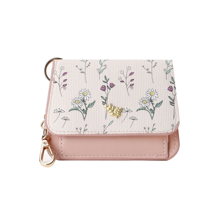 Compact tri-fold wallet featuring a delicate floral print on textured fabric and smooth pastel PU leather, with gold-tone hardware, snap closure, and integrated keychain.