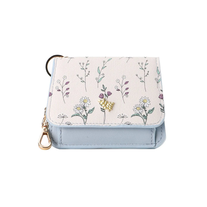 Elegant floral print PU leather cardholder wallet with gold-tone hardware and an integrated keychain, presented in a front view.