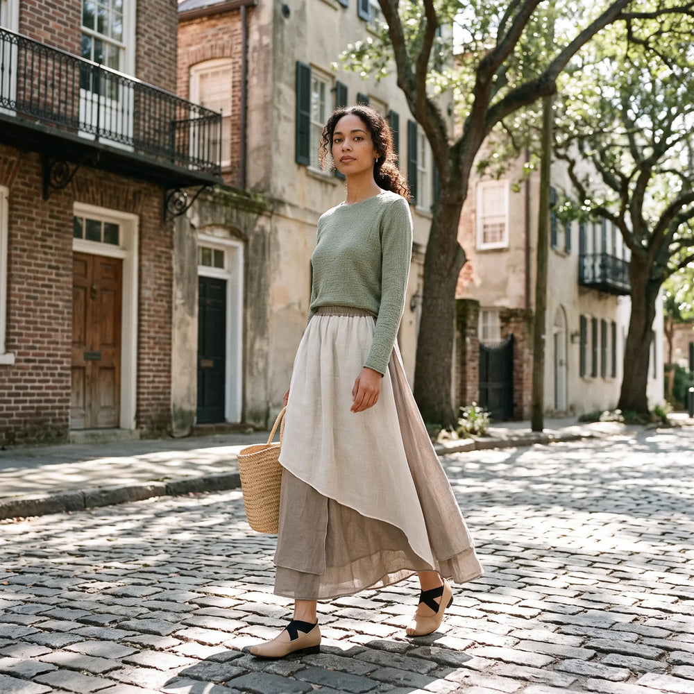 A woman strolls down a cobblestone street wearing a flowing, tonal color-block midi skirt with a dynamic irregular hem and a light linen blend fabric.