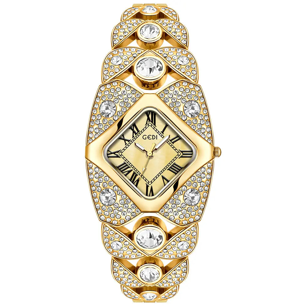 Ornate gold-tone crystal-pavé bracelet watch for women, featuring a rhomboid champagne dial with Roman numerals and an integrated crystal-covered band.