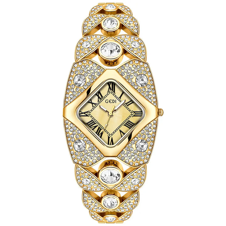 Ornate gold-tone crystal-pavé bracelet watch for women, featuring a rhomboid champagne dial with Roman numerals and an integrated crystal-covered band.