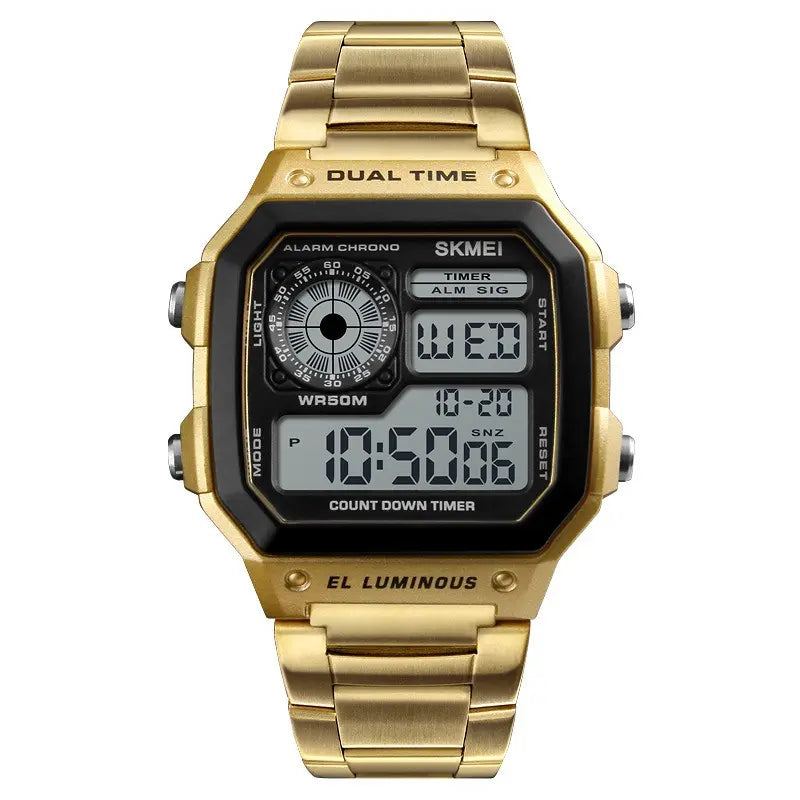 Front view of a gold stainless steel men's digital watch featuring an angular square case, dual time display, chronograph, and EL luminous backlight.