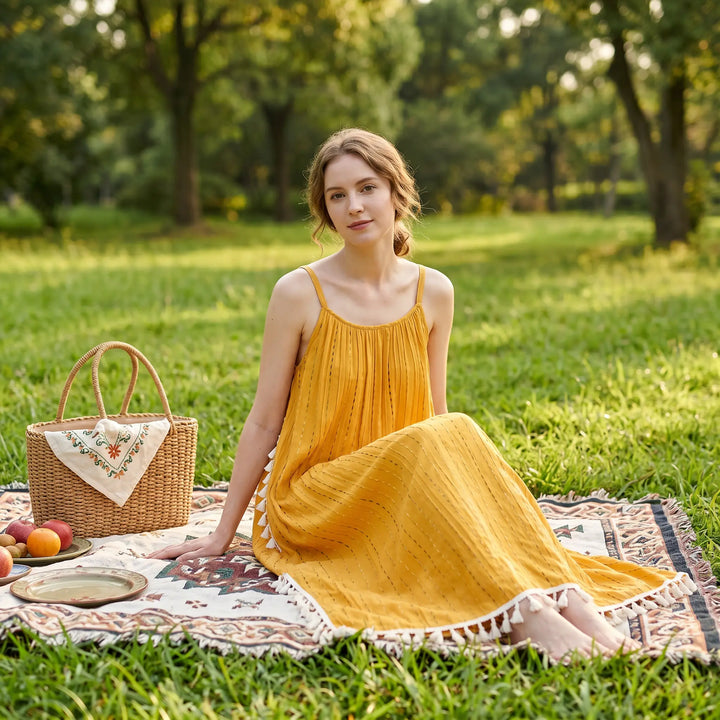 A woman models a vibrant golden yellow bohemian maxi dress with white tassel trim and embroidered details, sitting on a patterned picnic blanket in a sunny park.