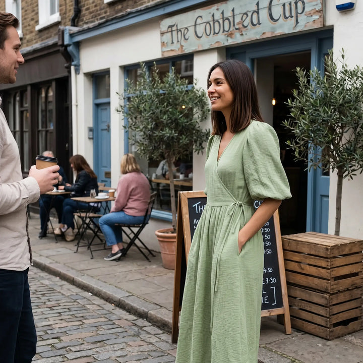 Woman wearing a flowing green crinkled cotton gauze midi wrap dress with puff sleeves, smiling outdoors by a cafe. Effortless chic style.