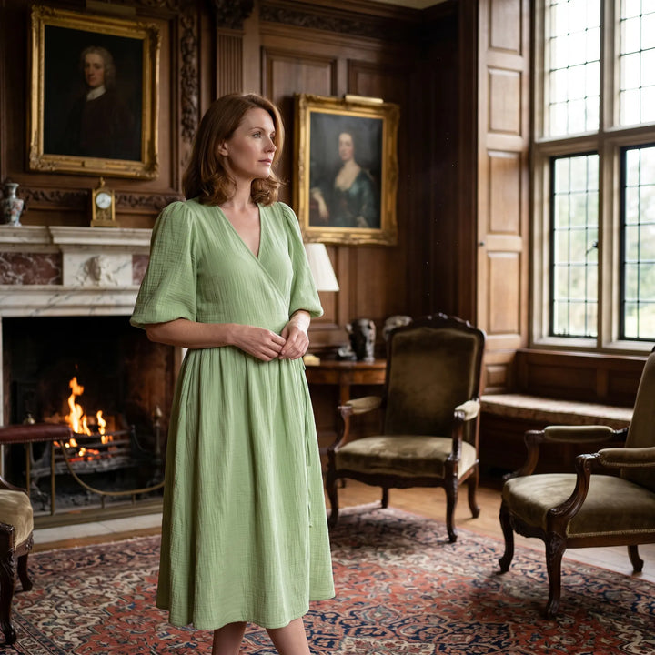 A woman models a crinkled cotton gauze midi wrap dress in a soft green hue, styled elegantly in a heritage drawing room with a fireplace and antique furnishings.